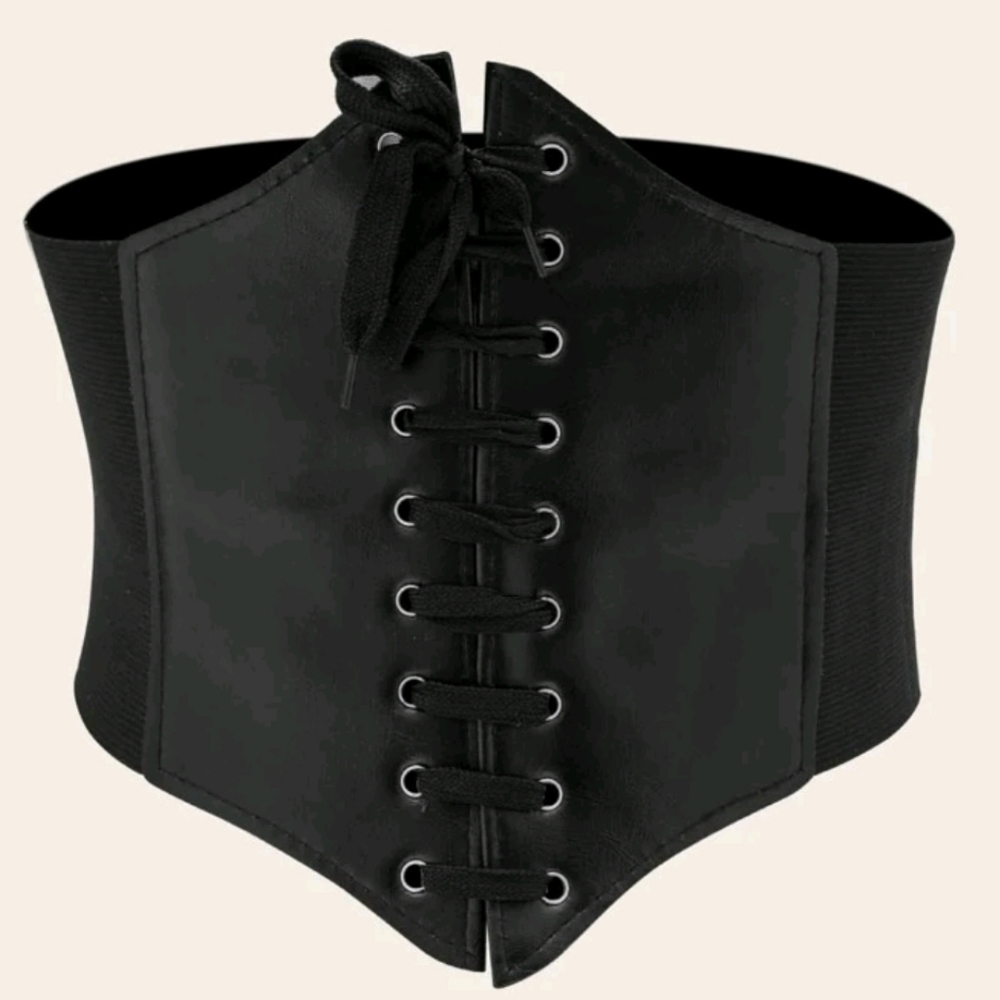 Womens Black Faux lace up stretch faux leather corset wide waist boho wrap Belt - Picture 7 of 13